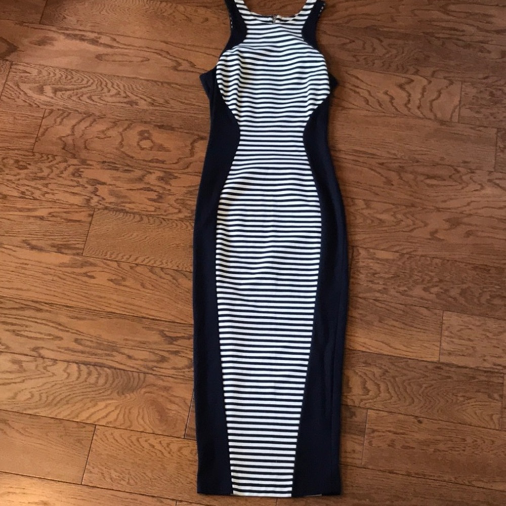 Torn by Ronny Kobo fitted blue and white dress